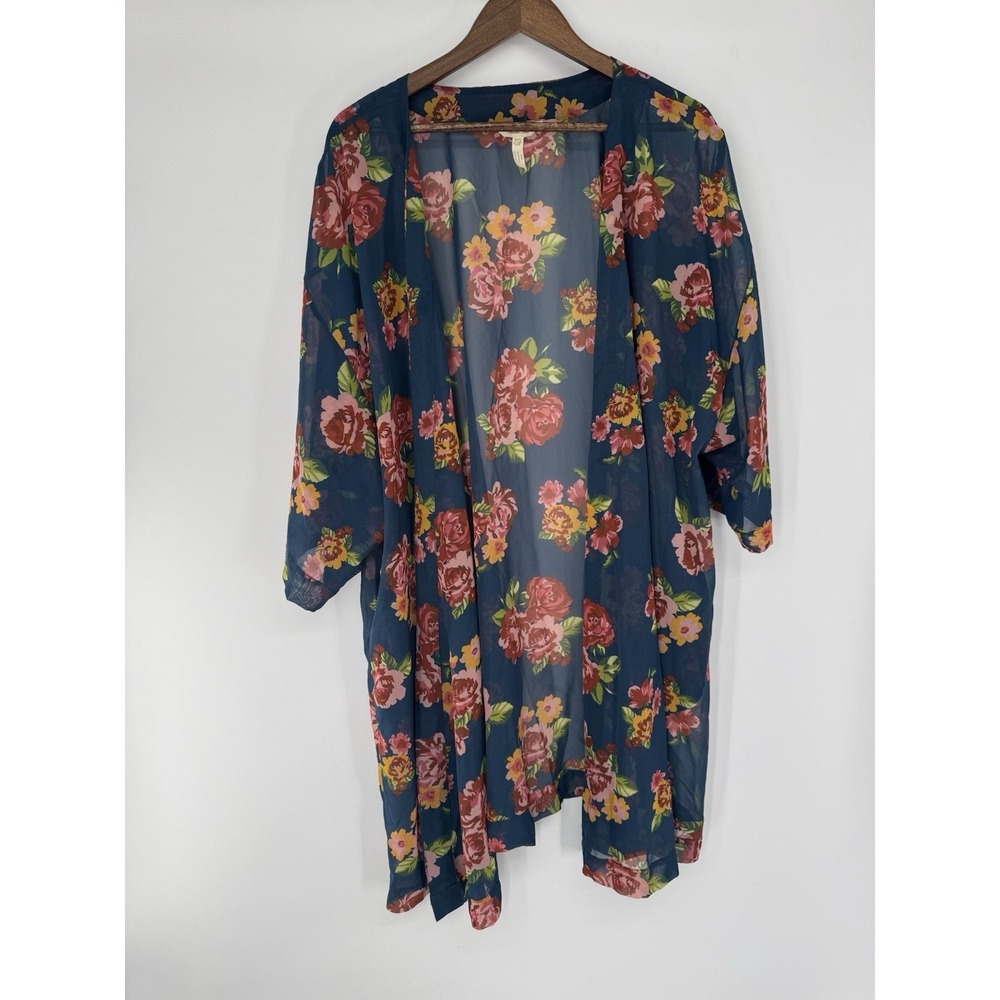 Matilda Jane Kimono Cover up Blue Floral Sheer vacation resort Boho Country XL